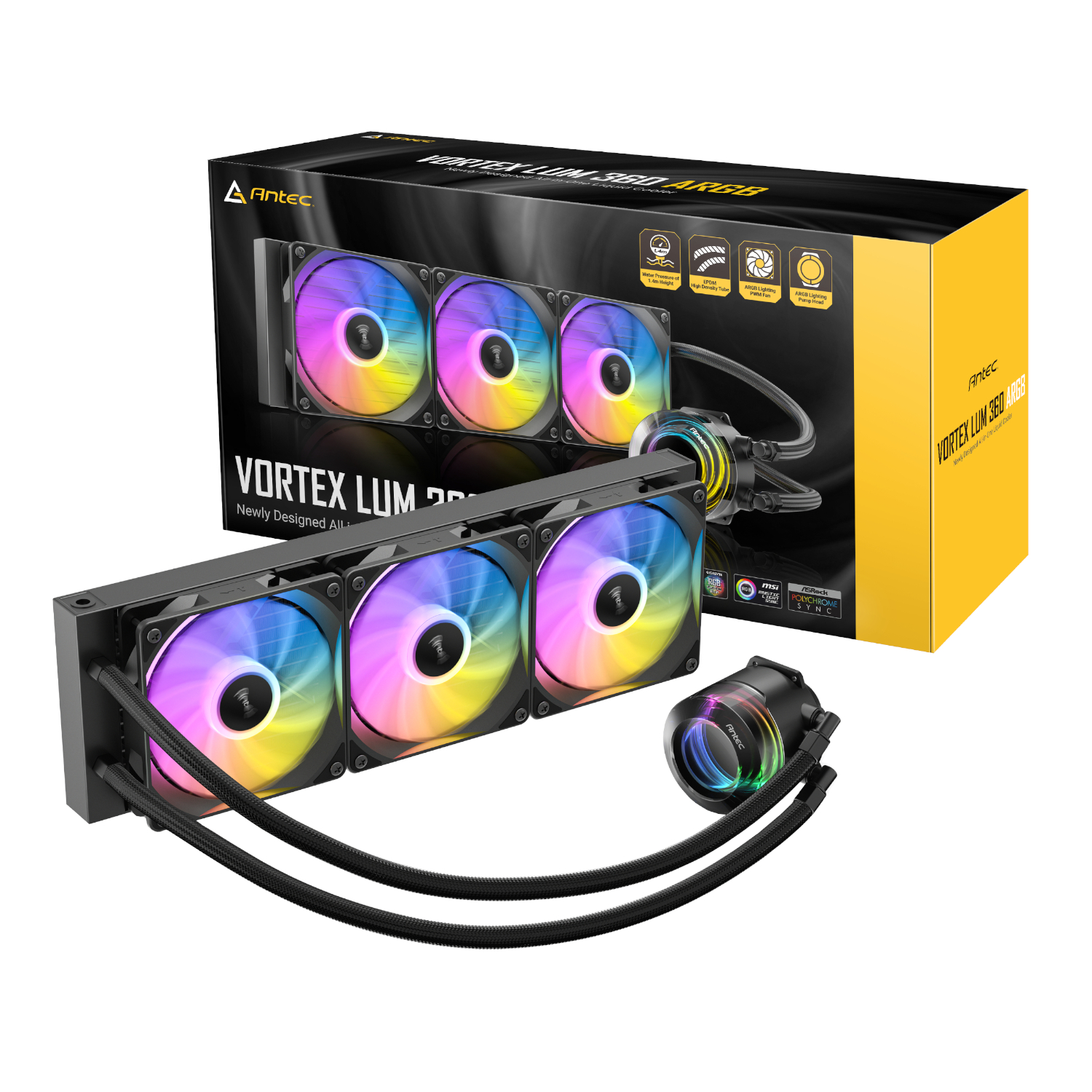 Antec_VORTEX-LUM-360-ARGB_wr_01a Antec VORTEX LUM 360 ARGB AIO | 360mm Radiator | 3x 120mm ARGB PWM Fans | Copper Base Plate | Intel & AMD Compatible – New