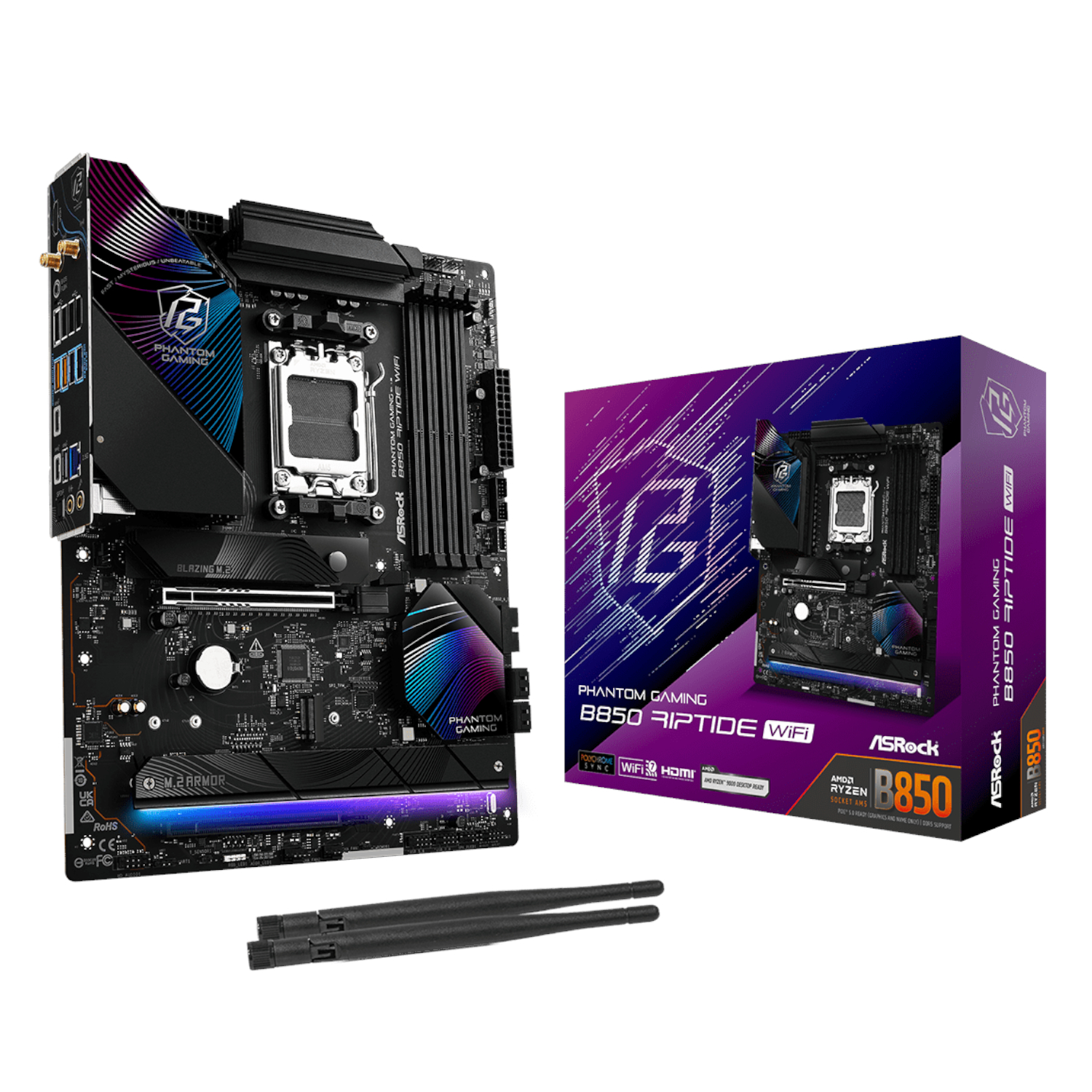 B850-RIPTIDEWIFI_ASROCK-B850-RIPTIDE-WIFI-AM5-ATX-4X-DDR5_wr_01 ASRock B850 Riptide WiFi | AMD AM5 ATX | DDR5 Up to 8000+ MHz | PCIe Gen5 M.2 | Wi-Fi 7 – New