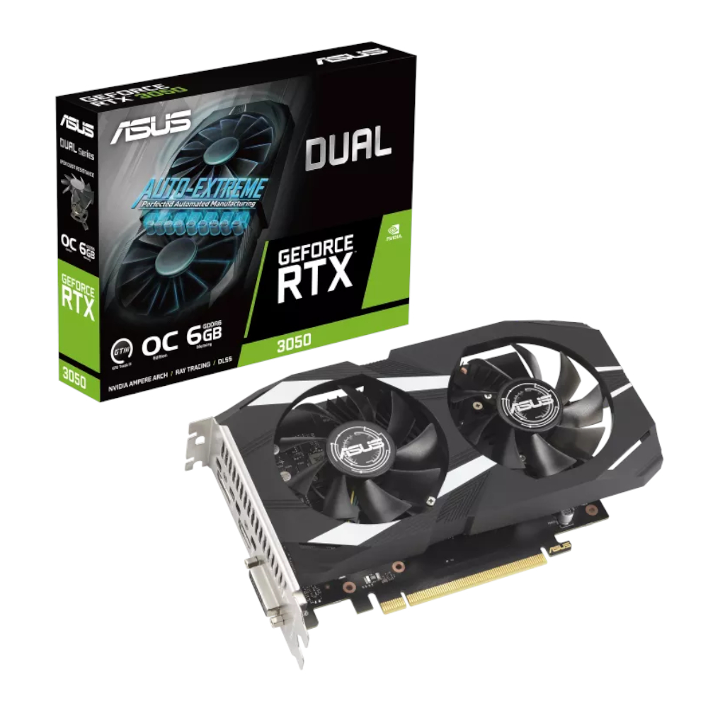 DUAL-RTX3050-O6G_wr_01 ASUS Dual OC GeForce RTX 3050 | 6GB GDDR6 | 2304 CUDA Cores | 1537MHz Boost | 2-Slot Design – New