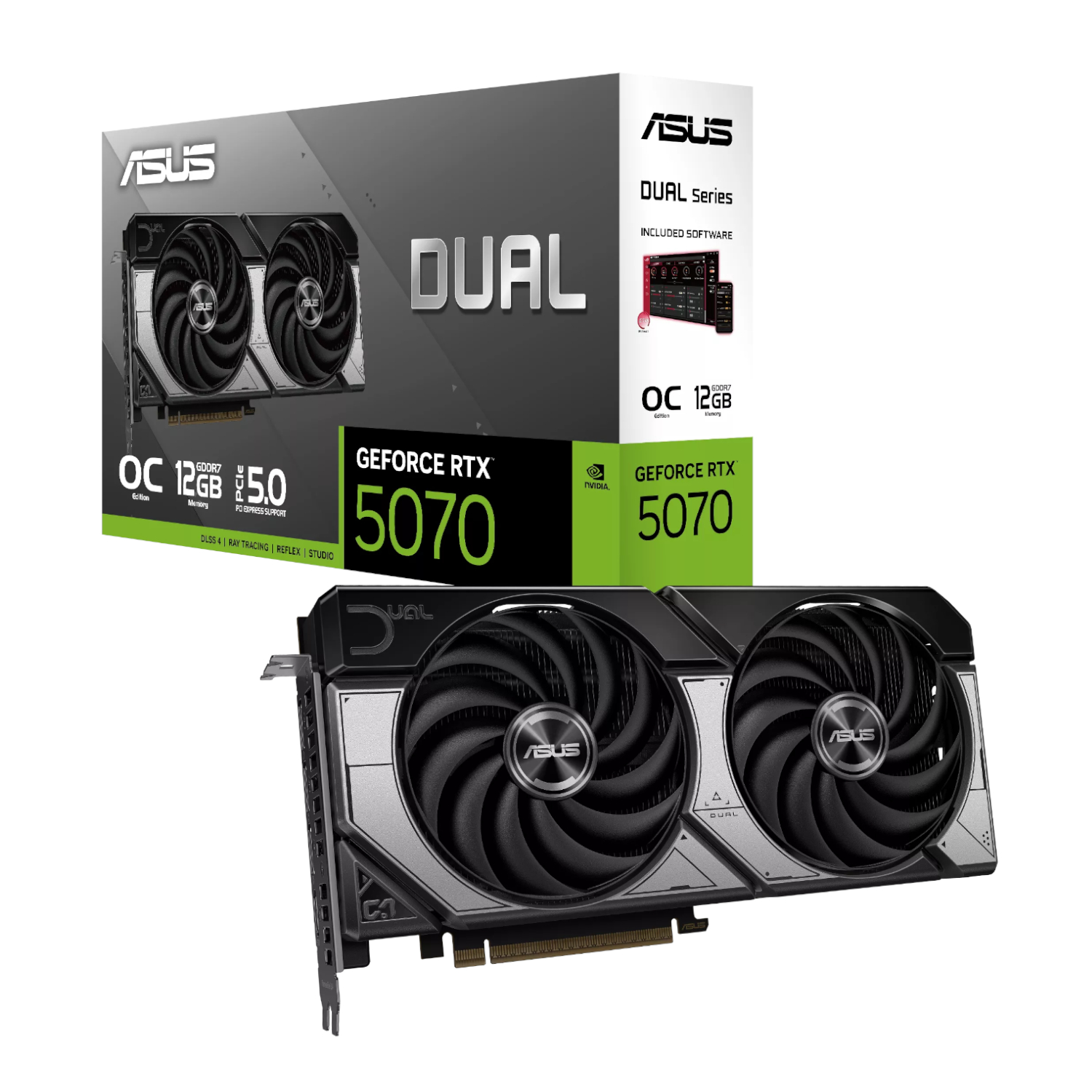DUAL-RTX5070-O12G_ASUS-Dual-GeForce-RTX-5070-12GB-GDDR7-OC-Edition-Graphics-Card_wr_01a ASUS Dual GeForce RTX 5070 OC | 12GB GDDR7 | 6144 CUDA Cores | PCIe 5.0 | 2572MHz Boost – New