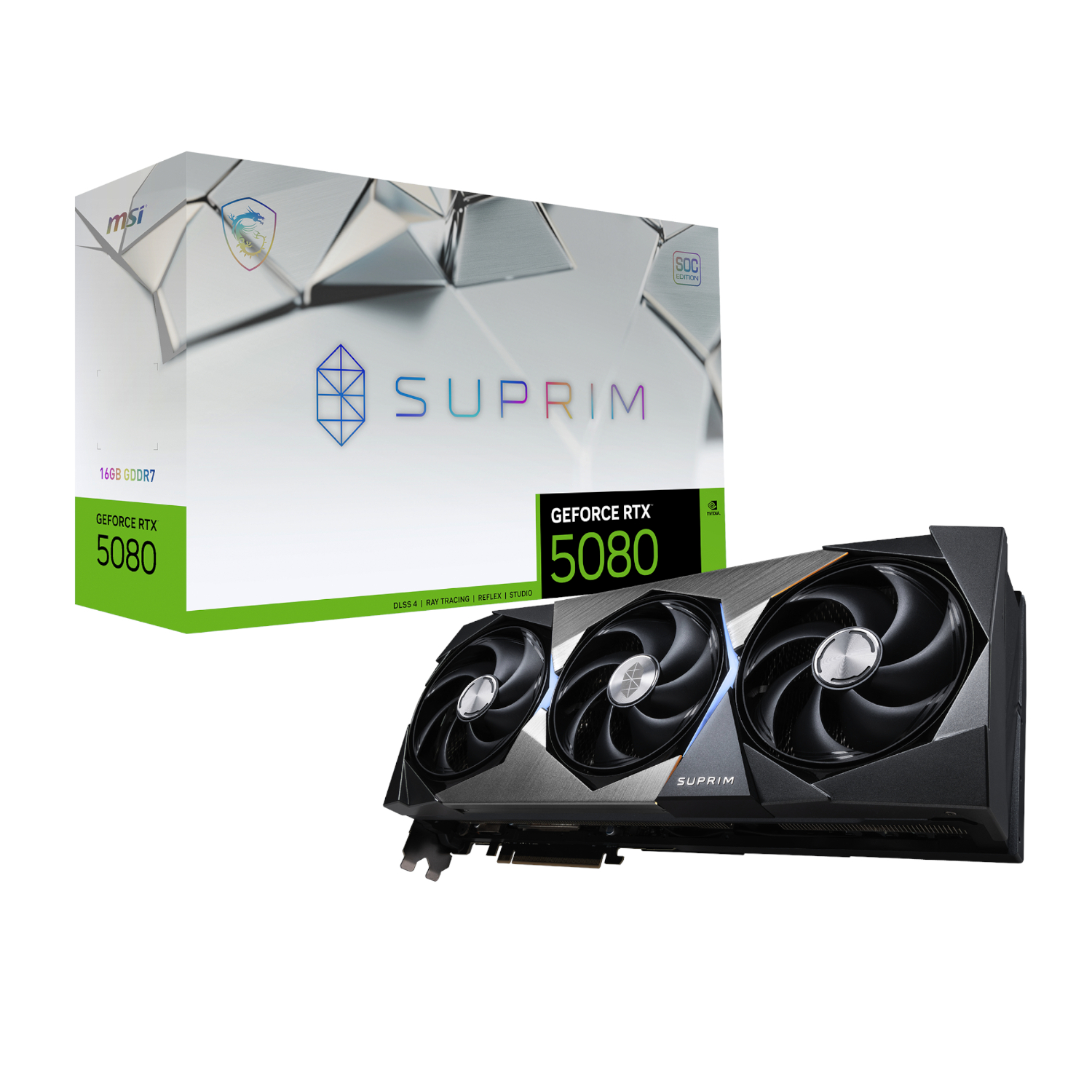 MSI_RTX5080SUPRIMSOC16GB_wr_01 MSI GeForce RTX 5080 SUPRIM SOC | 16GB GDDR7 | NVIDIA Blackwell | PCIe Gen 5 | 360W TDP – New