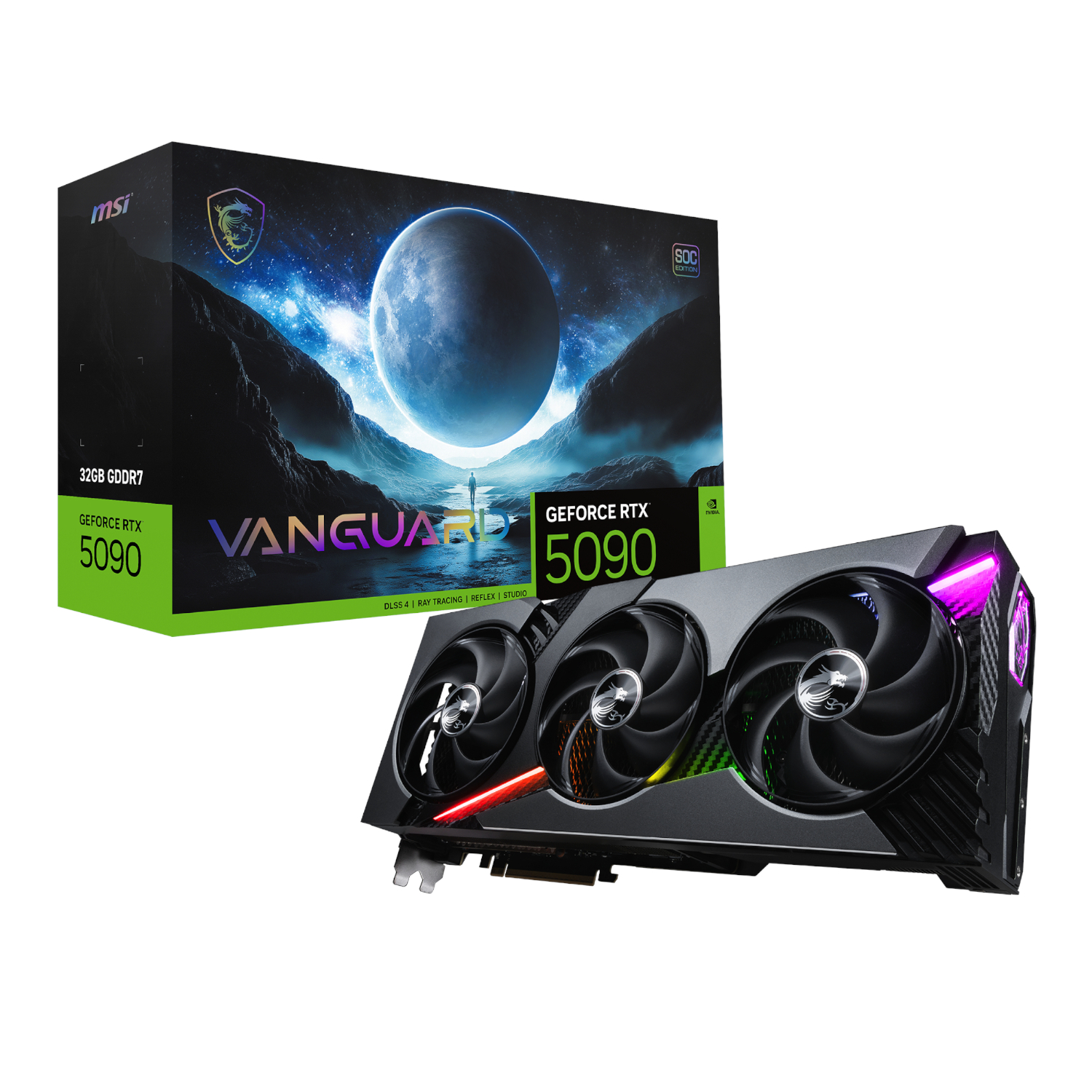 MSI_RTX5090VANGUARDSOC32GB_wr_01a MSI GeForce RTX 5090 Vanguard SOC | NVIDIA Blackwell | 32GB GDDR7 | 512-bit | 2527MHz Boost – New