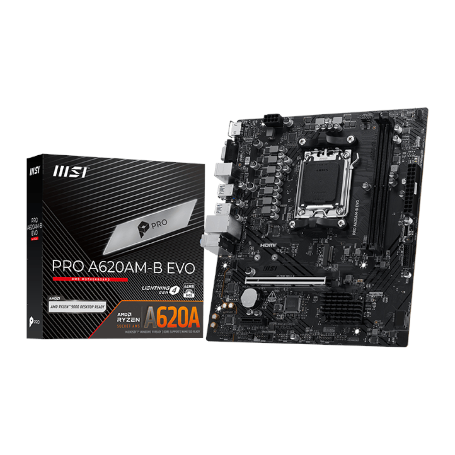 PROA620AM-B-EVO_MSI-PRO-A620AM-B-EVO-AM5-M-ATX-Motherboard_wr_01 MSI PRO A620AM-B EVO | AM5 Socket | AMD A620 Chipset | DDR5 128GB Max | M-ATX – New