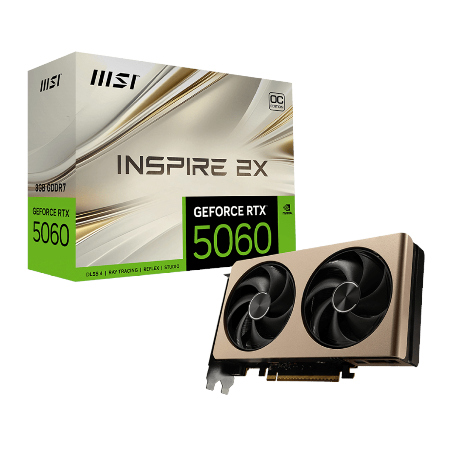 RTX5060INSPIRE2XOC8G_MSI-GeForce-RTX-5060-8G-INSPIRE-2X-OC-Graphics-Card-–-Gold_wr_01 MSI GeForce RTX 5060 Inspire 2X OC | 8GB GDDR7 | 3840 CUDA Cores | 2550 MHz Boost | Gold Edition – New