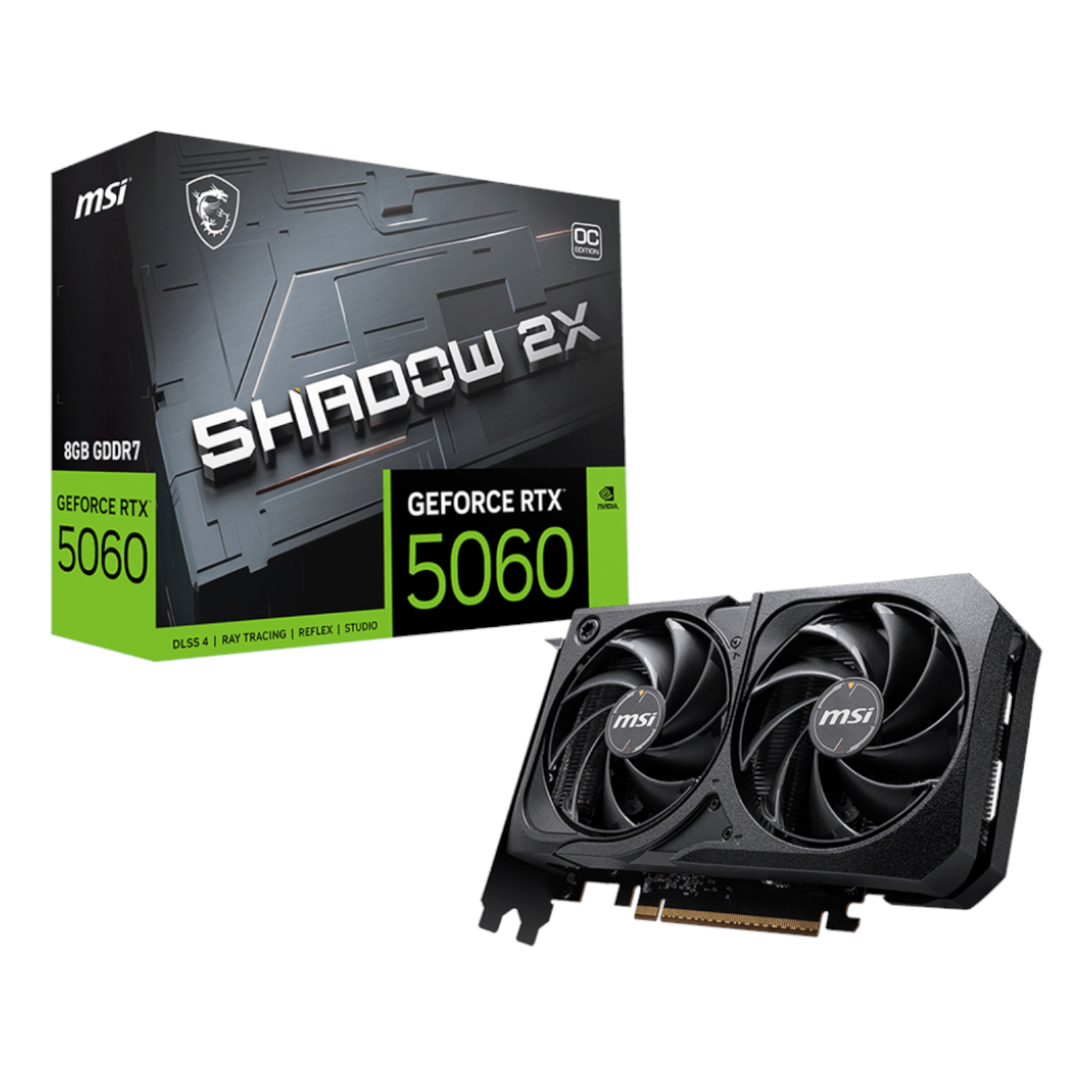 RTX5060SHADOW2XOC8GB_MSI-GF-RTX-5060-SHADOW-2X-OC-8GB_wr_01 MSI GeForce RTX 5060 Shadow 2X OC | 8GB GDDR7 | 3840 CUDA Cores | 2535 MHz Boost | PCIe Gen 5 – New