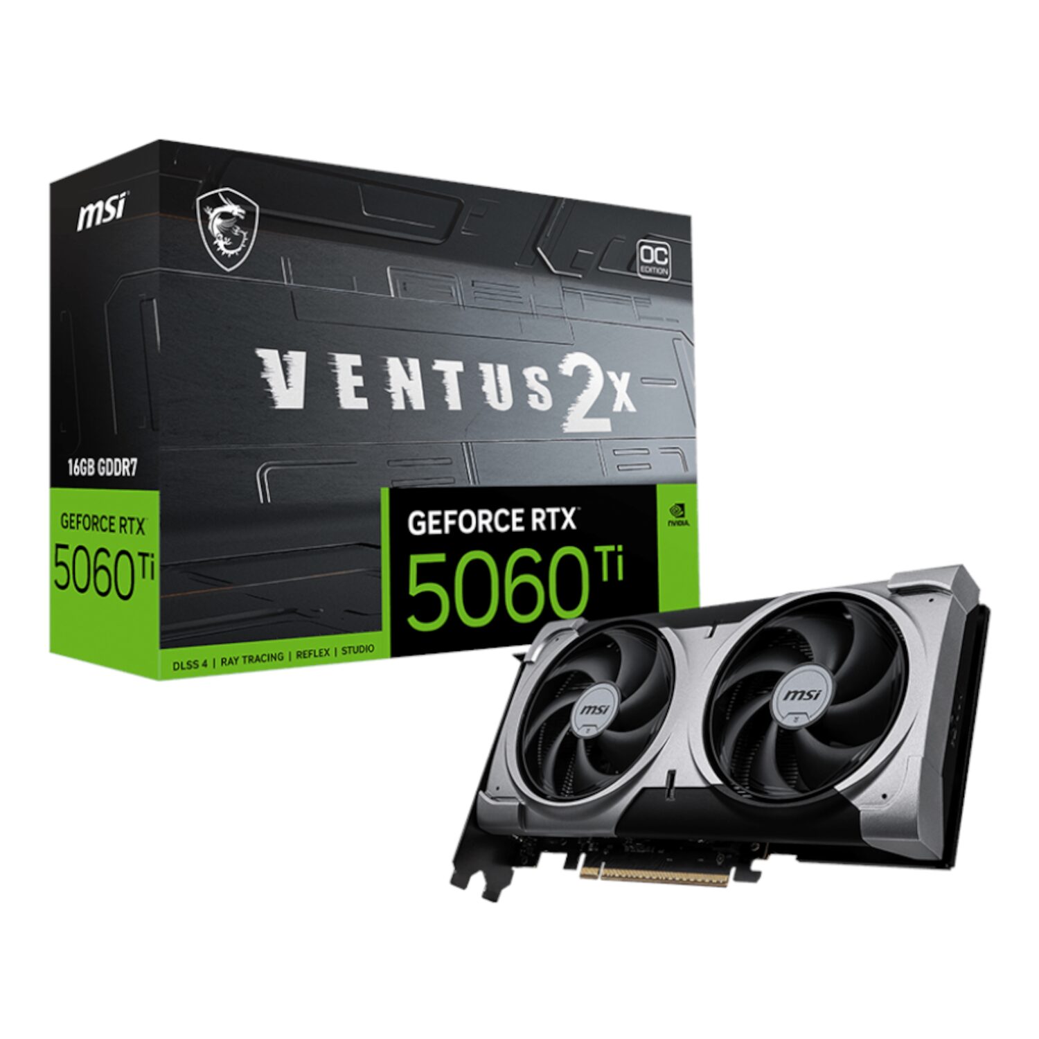 RTX5060TIVENTUS2XOCPLUS16-WR-01 MSI GeForce RTX 5060 Ti VENTUS 2X OC PLUS | 16GB GDDR7 | 4608 CUDA Cores | 2602 MHz Boost | PCIe 5.0 – New