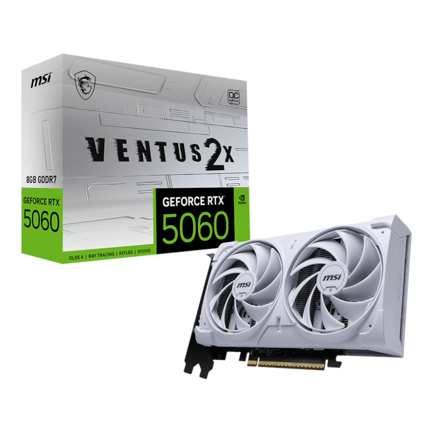 RTX5060VENTUS2XOC8GW_MSI-GF-RTX-5060-VENTUS-2X-OC-8GB-WH_wr_01 MSI GeForce RTX 5060 VENTUS 2X OC | 8GB GDDR7 | 3840 CUDA Cores | Dual Fan TORX 5.0 | White Edition – New