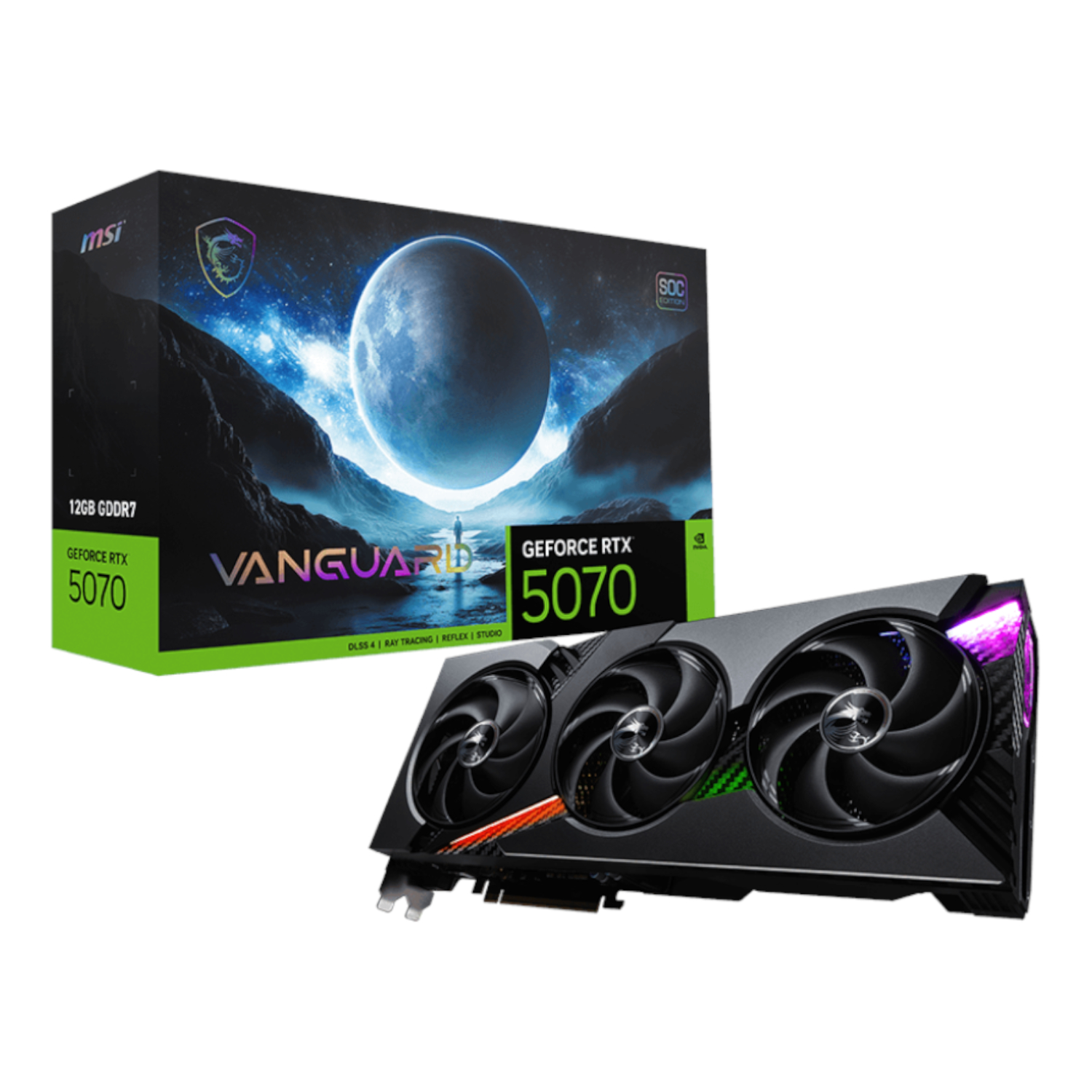 RTX5070VANGUARDSOC12GB_MSI-GF-RTX-5070-VANGAURD-SOC-12GB_wr_01 MSI GeForce RTX 5070 VANGUARD SOC | 12GB GDDR7 | 6144 CUDA Cores | 2655MHz Boost | PCIe Gen 5 – New