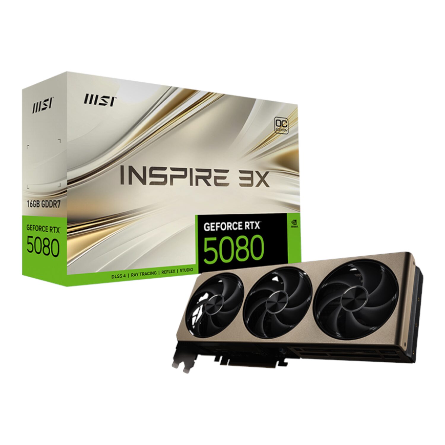 RTX5080INSPIRE3XOC16GB-WR-01 MSI GeForce RTX 5080 INSPIRE 3X OC | 16GB GDDR7 | PCI-E Gen 5 | Triple Fan Cooling – New