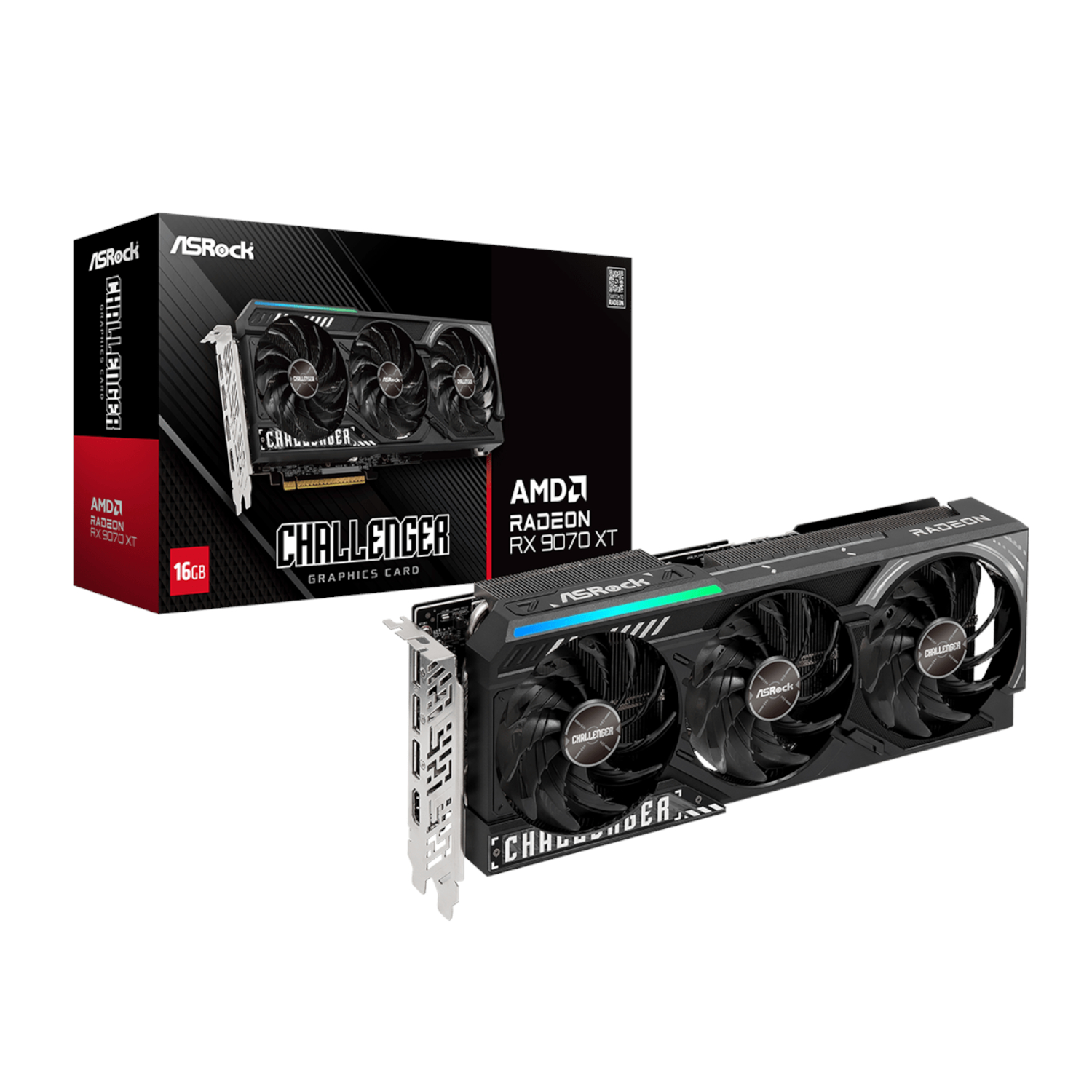 RX9070XTCHALLENGER16G_ASRock-Radeon-RX9070-XT-Challenger-16G-Graphics-Card-Black_wr_01 ASRock Radeon RX 9070 XT Challenger | 16GB GDDR6 | AMD RDNA 4 | Boost 2970MHz | PCI-E 5.0 – New