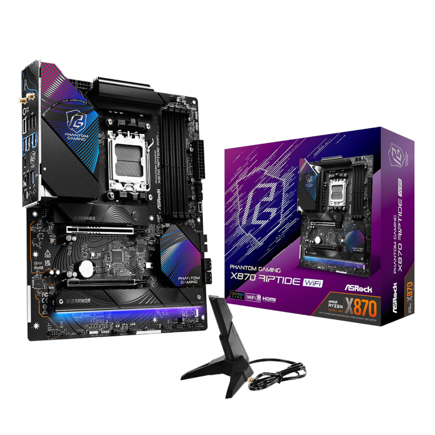 X870-RIPTIDEWIFI_ASROCK-X870-RIPTIDE-WIFI-AM5-ATX-4X-DDR5_wr_01 ASRock X870 Riptide | AMD AM5 Socket | Wi-Fi 7 & 2.5G LAN | DDR5-8000+ OC | PCIe 5.0 – New