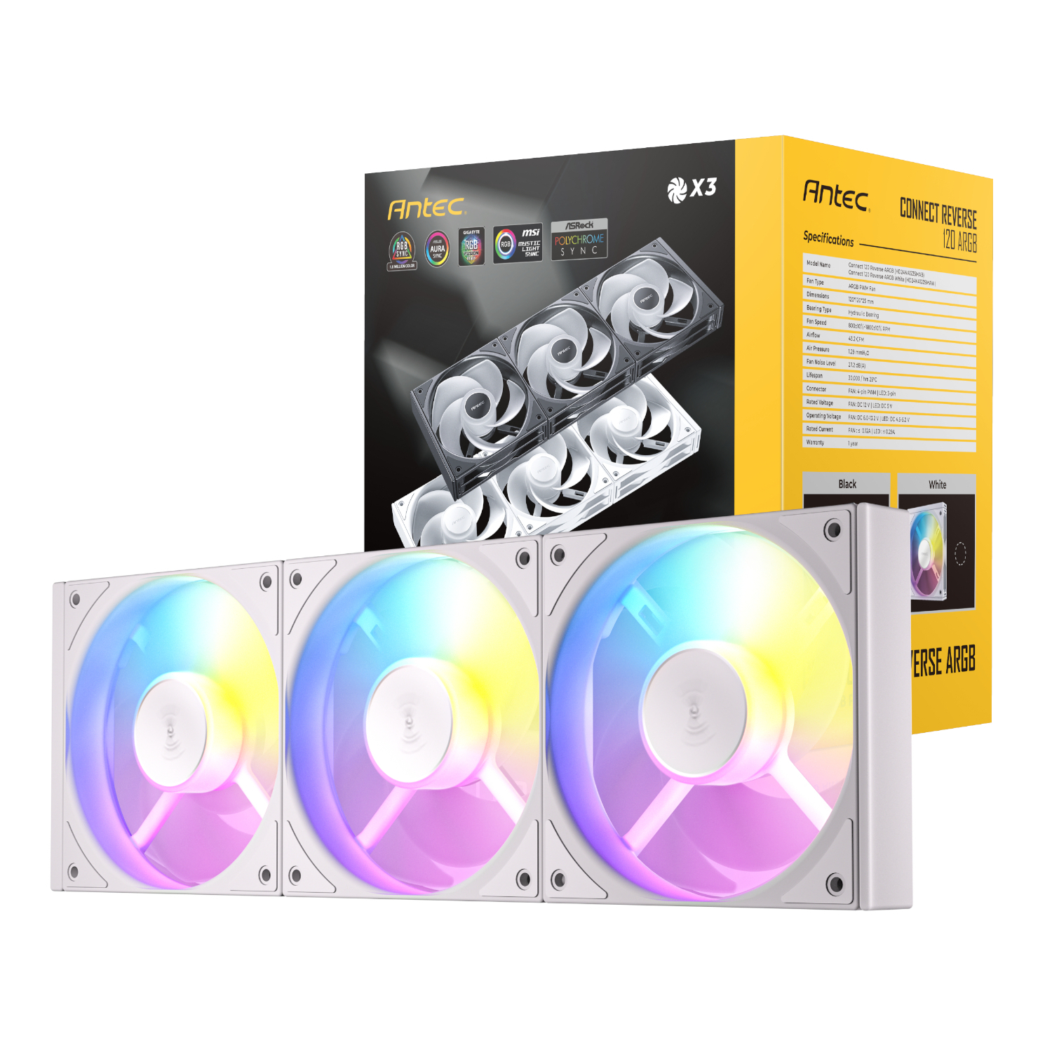 Antec_C120R-ARGB-3PK-WH_wr_01a Antec Connect 120 Reverse ARGB PWM Fan 3-Pack | 120mm | ARGB PWM | Hydraulic Bearing | Reverse Blade Design – New