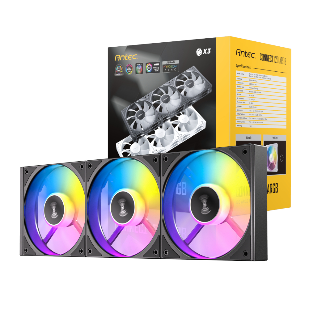 C120-ARGB-3PK-BK_wr_01 Antec Connect 120 ARGB PWM Fan 3-Pack | 120mm ARGB PWM | Hydraulic Bearing | 28 dB(A) Max Noise – New