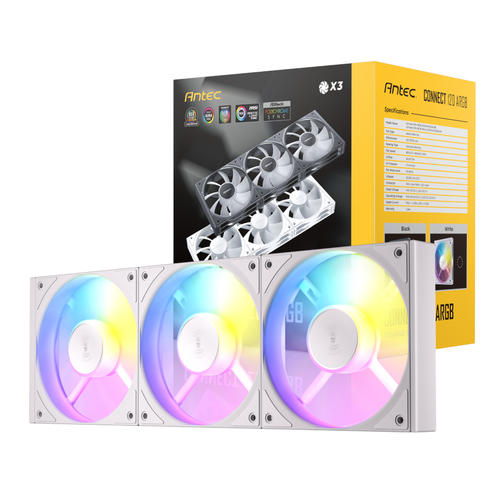 C120-ARGB-3PK-WH_wr_01 Antec Connect 120 ARGB PWM Fan 3-Pack | 120mm ARGB PWM | Hydraulic Bearing | 28 dB(A) Max Noise | White – New