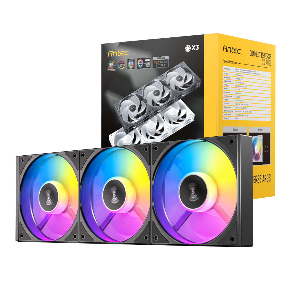 C120R-ARGB-3PK-BK_wr_01 Antec Connect 120 Reverse ARGB PWM Fan 3-Pack | 120mm ARGB PWM | Reverse Blade Design | Hydraulic Bearing | 27.2 dB(A) – New