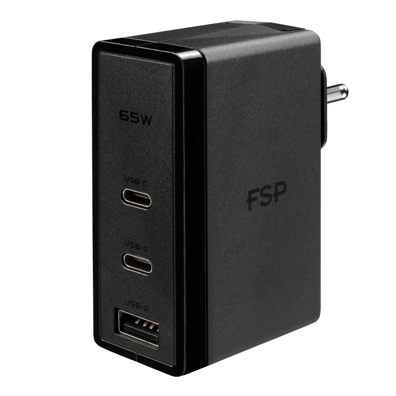 FSP065-A1MP3_FSP-65W-PD-2-Prong-USB-Type-C-Power-Adapter-Black_wr_01a FSP 65W PD USB Type-C Power Adapter | 65W Power Delivery | 100-240V Universal Input | USB-C + USB-A | 90g Compact – New