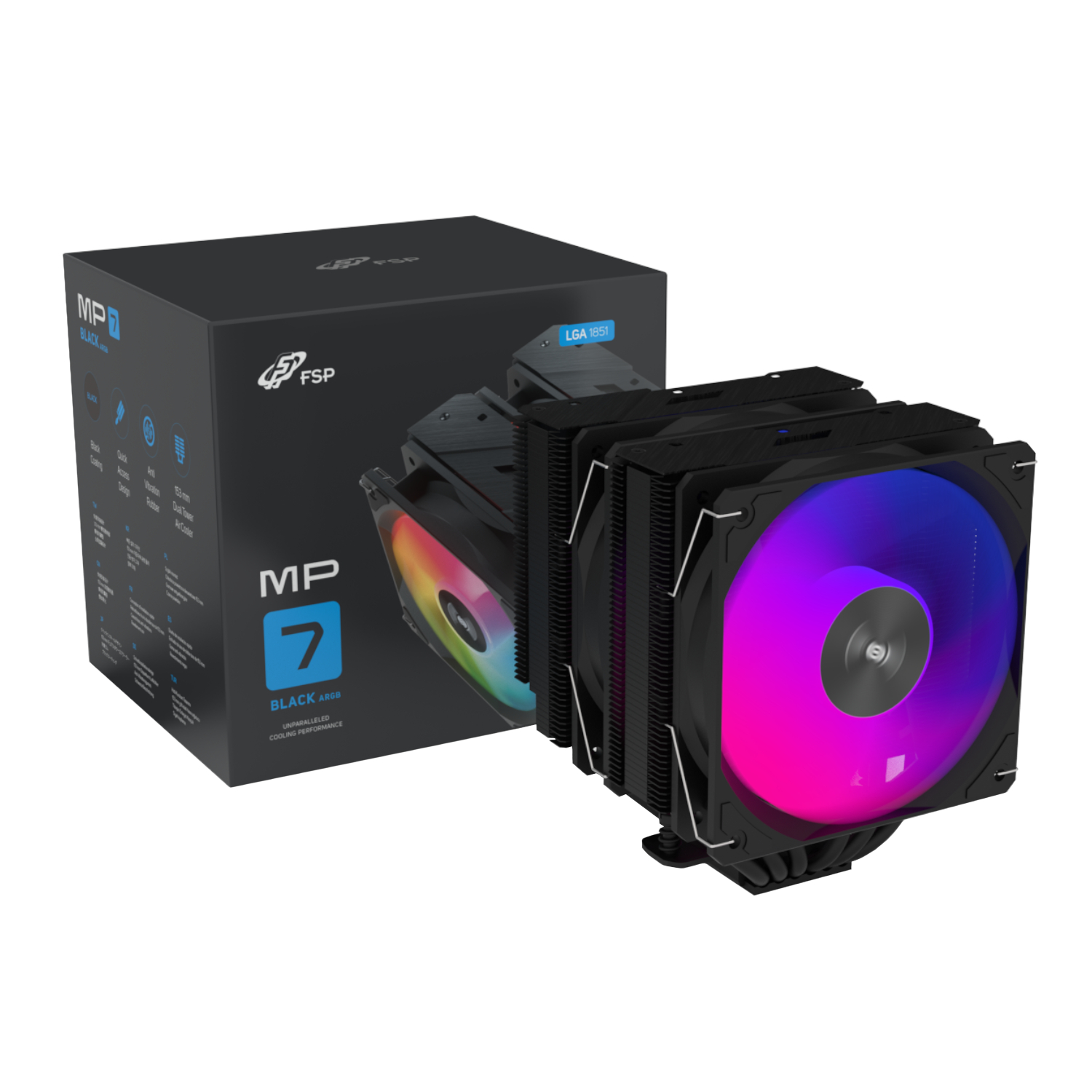 MP7-BA_FSP-MP7-B-ARGB-120mm-PWM-CPU-Air-Cooler-Black_wr_01a FSP MP7-BA | 120mm PWM ARGB | 6 Heat Pipes | FDB Bearing | Intel & AMD Compatible – New