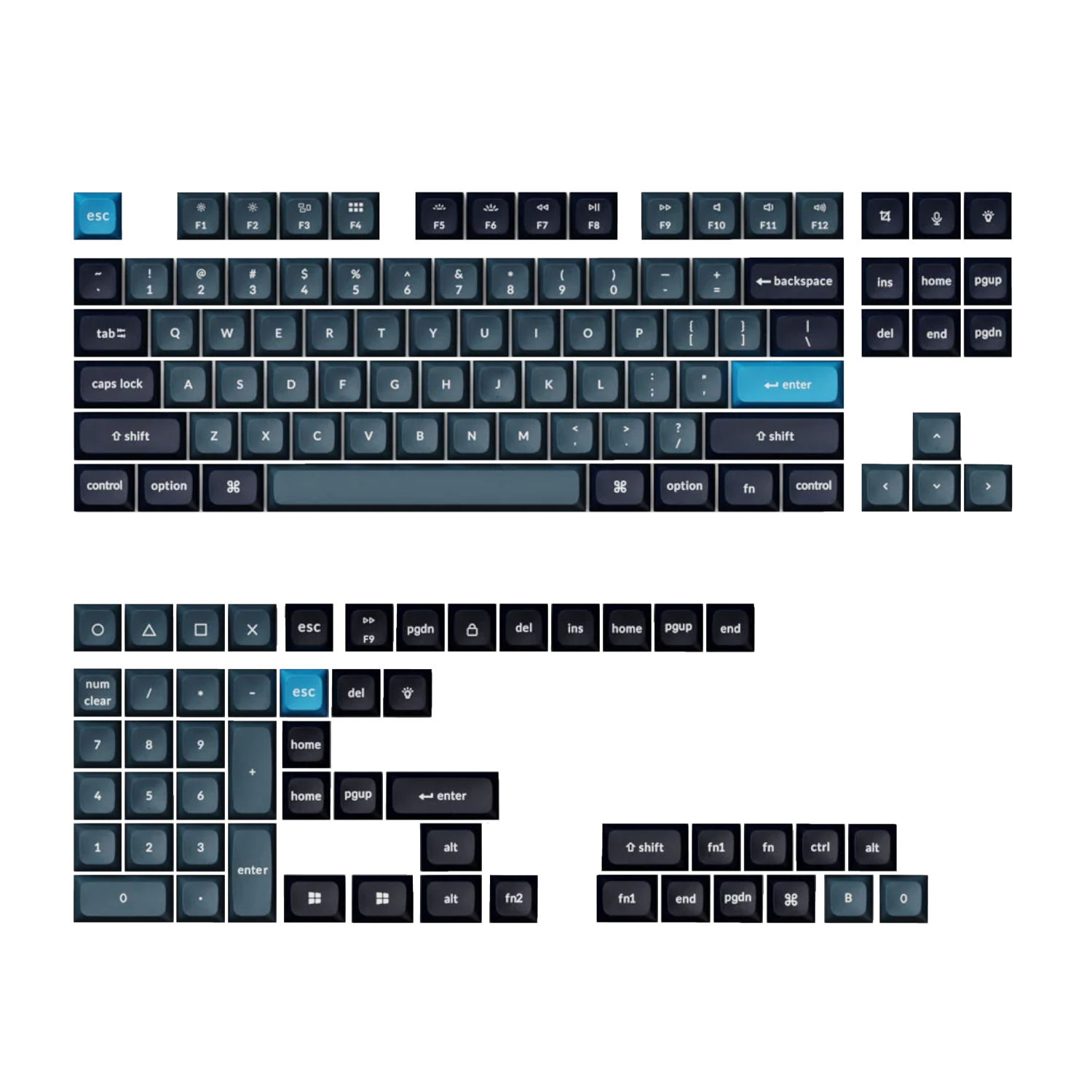 PBT-45_Keychron-Double-Shot-KSA-PBT-Keycap-Set-Dark-Grey-Blue_wr_01b Keychron KSA Double Shot PBT Keycap Set | Dark Grey / Grey / Blue | ANSI Layout | MX-Style Stems – New