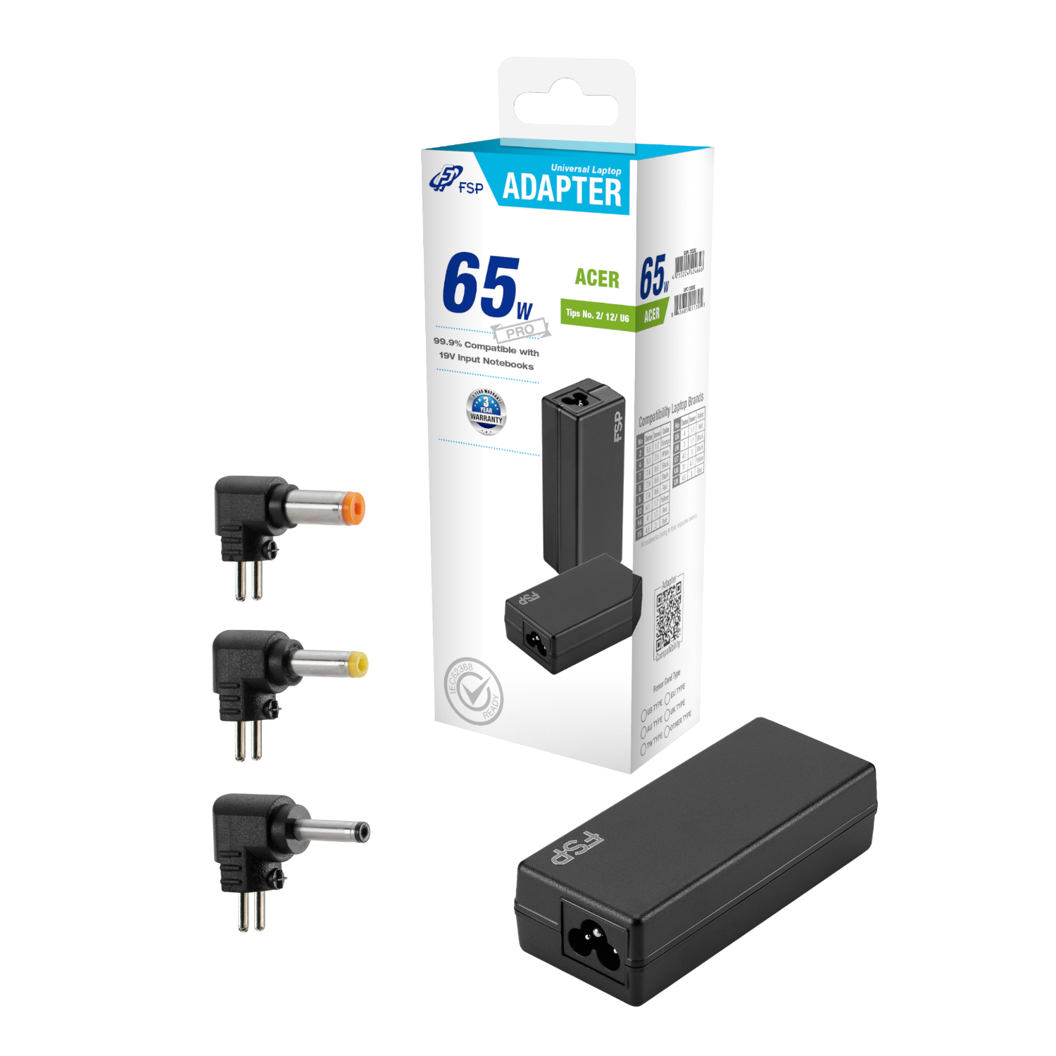 PNA0652521_FSP-NB-65W-Acer-Notebook-Adapter_wr_01 FSP PRO 65W Universal Laptop Adapter | 65W Output | 19V | Acer Compatible | 3 Tip Variants – New