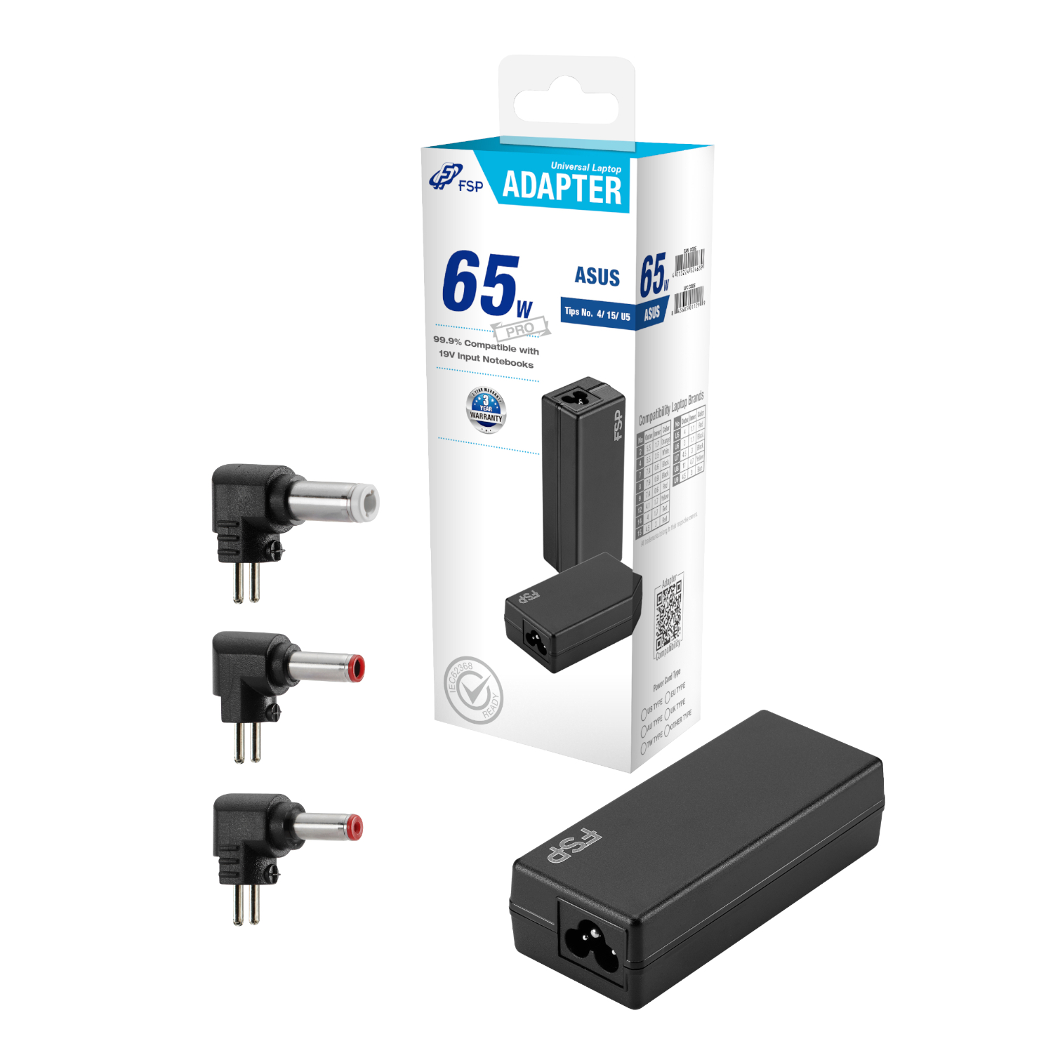 PNA0652522_FSP-NB-65W-Asus-Notebook-Adapter_wr_01 FSP PRO 65W Universal Laptop Adapter | 65W Output | 19V | Asus Compatible | Exchangeable Tips – New