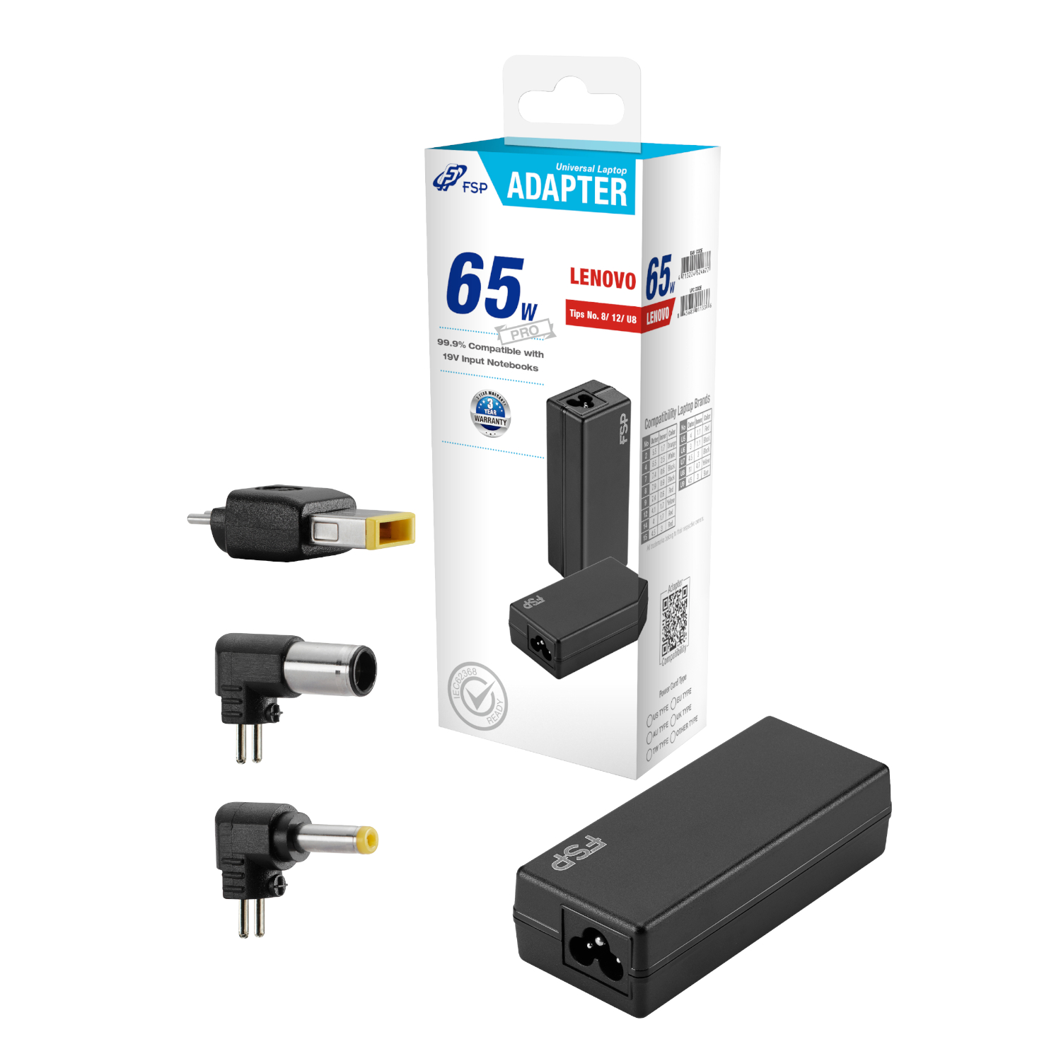 PNA0652525_FSP-NB-65W-Lenovo-Notebook-Adapter_wr_01 FSP PRO 65W Universal Laptop Adapter | 65W Output | 19V | Lenovo Compatible | Multi-Tip – New