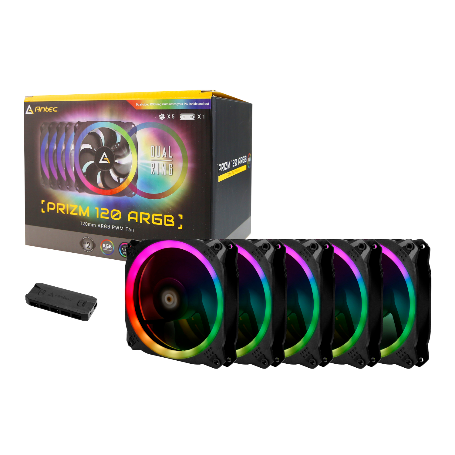 PRIZM-120-ARGB-5C_Antec-Prizm-120-ARGB-Case-Fan-5-Pack-Controller-Black_wr_01a Antec Prizm 120 ARGB | 5-Pack + Controller | 120mm PWM | 16.8M ARGB Colours | Hydraulic Bearing – New