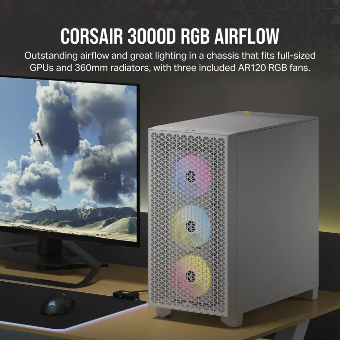 3000D RGB AIRFLOW White Mid-Tower PC Case; 2x 3.5'' |  2x 2.5'' Drive Bays; Up to 360mm Radiator compatible; 3x 120mm fan incl - Image 4