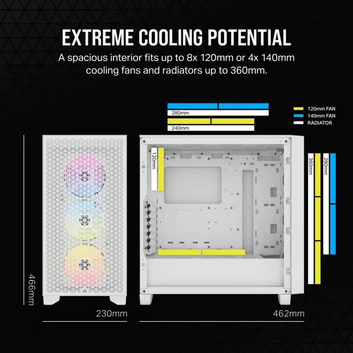 3000D RGB AIRFLOW White Mid-Tower PC Case; 2x 3.5'' |  2x 2.5'' Drive Bays; Up to 360mm Radiator compatible; 3x 120mm fan incl - Image 6