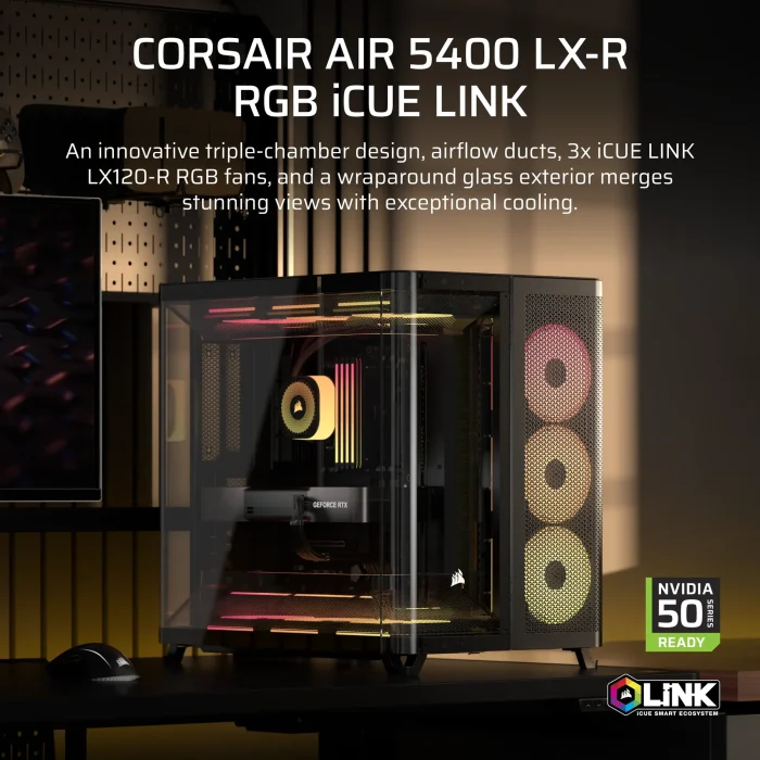 Corsair AIR 5400 LX-R RGB | iCUE LINK Triple Chamber | Mid-Tower PC Case | 3x RGB Fans Included - New - Image 3