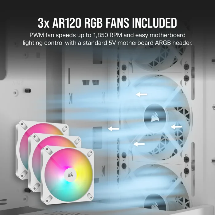 3000D RGB AIRFLOW White Mid-Tower PC Case; 2x 3.5'' |  2x 2.5'' Drive Bays; Up to 360mm Radiator compatible; 3x 120mm fan incl - Image 14