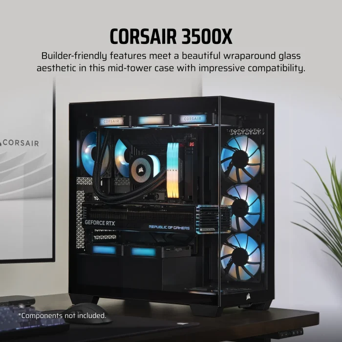 3500X Tempered Glass Black Mid-Tower PC Case; 2x 3.5'' |  2x 2.5'' Drive Bays; Up to 360mm Radiator compatible - Image 6