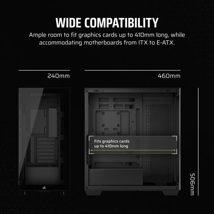 3500X Tempered Glass Black Mid-Tower PC Case; 2x 3.5'' |  2x 2.5'' Drive Bays; Up to 360mm Radiator compatible - Image 7