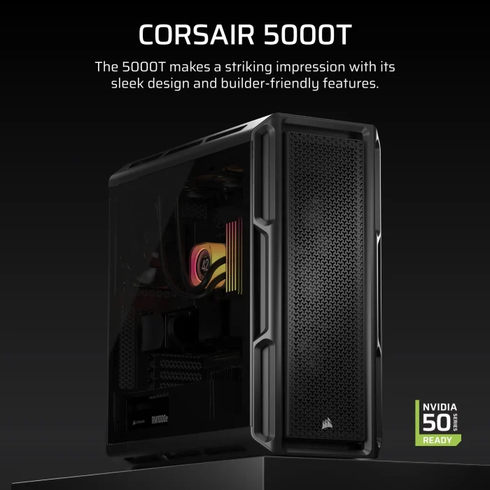 Corsair 5000T Mid-Tower | ATX/EATX/mATX/Mini-ITX | Tempered Glass Side Panel | USB & Audio Front I/O – New