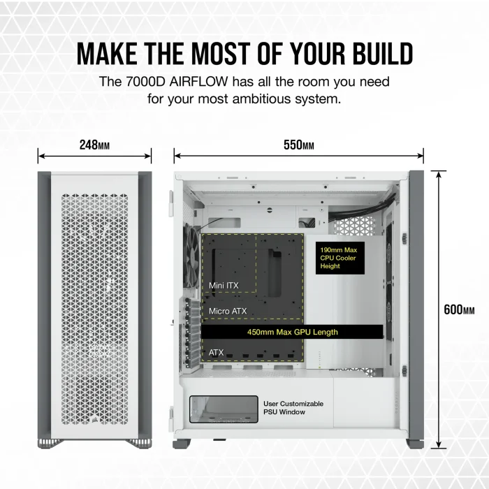 Corsair 7000D Airflow | Full Tower Mid-ATX | 6x 3.5'' + 4x 2.5'' Drive Bays | 480mm Radiator Support | 3x 140mm Fans Included - New - Image 21
